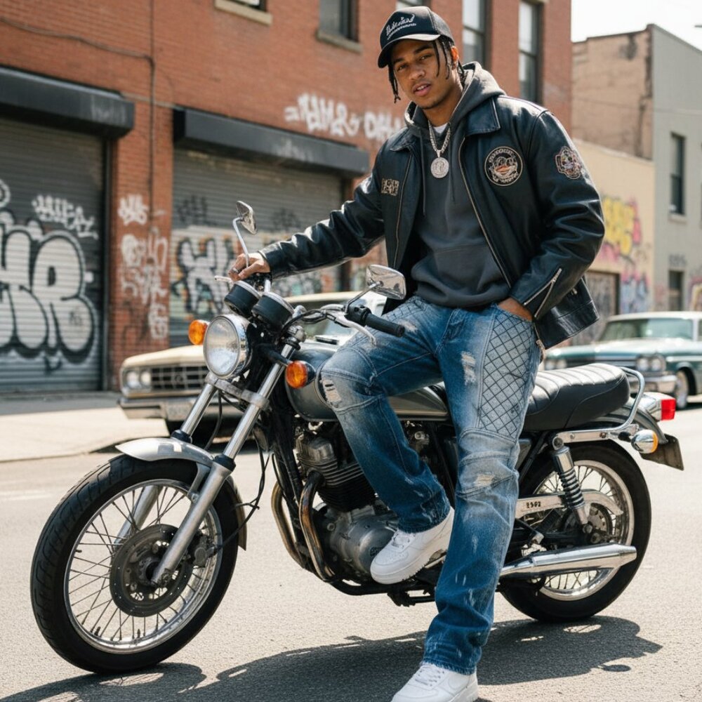 Y2K Rich Gang Biker Jeans Mens 38x32 Mid Wash Blue Streetwear Distressed